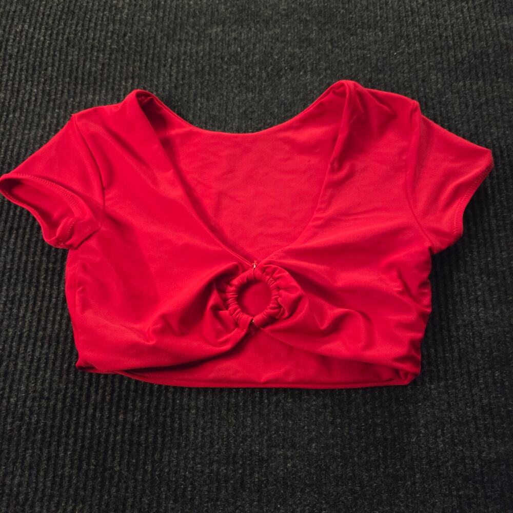 Zaful Red Short Sleeve Bikini Top O-Ring Center Cutout Crop Size Small